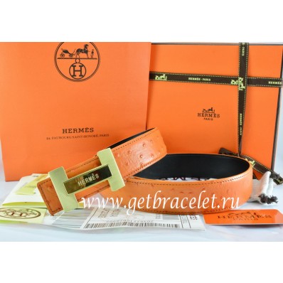 Best Hermes Reversible Belt Orange/Black Ostrich Stripe Leather With 18K Gold H Logo Buckle QY01298