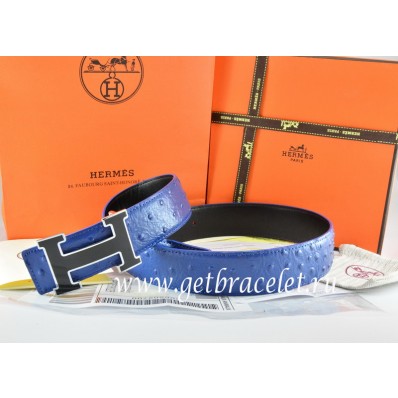 Cheap Hermes Reversible Belt Blue/Black Ostrich Stripe Leather With 18K Black Gold Width H Buckle QY02170