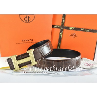 Copy Hermes Reversible Belt Brown/Black Crocodile Stripe Leather With18K Gold Wave Stripe H Buckle QY00188