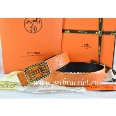 Copy Hermes Reversible Belt Orange/Black Ostrich Stripe Leather With 18K Gold Lace Strip H Buckle QY00861