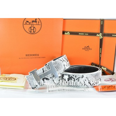 Copy Hermes Reversible Belt White/Black Snake Stripe Leather With 18K Silver Wave Stripe H Buckle QY00710