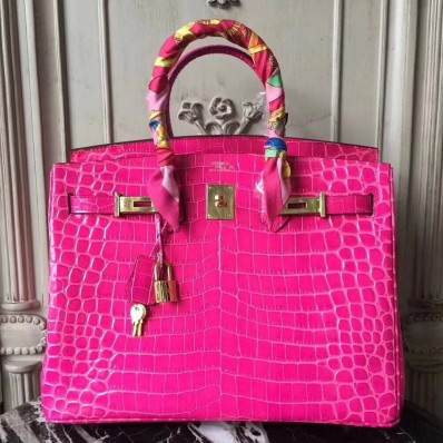 Fake Hermes Birkin 30cm 35cm Bag In Rose Red Crocodile Leather QY00963