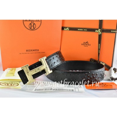 Fashion Imitation Hermes Reversible Belt Black/Black Ostrich Stripe Leather With 18K Gold Geometric Stripe H Buckle QY02077