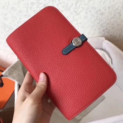 Hermes Bicolor Dogon Duo Wallet In Red/Jean Leather QY01542