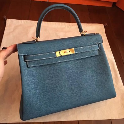 Hermes Blue Jean Clemence Kelly Retourne 32cm Handmade Bag QY01061