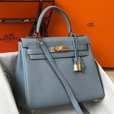 Hermes Blue Lin Clemence Kelly 25cm GHW Handbag QY01387