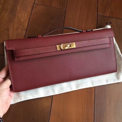 Hermes Bordeaux Epsom Kelly Cut Clutch Handmade Bag QY01467