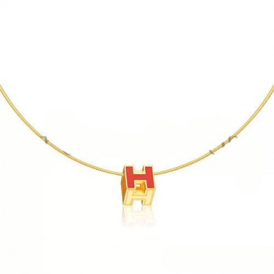 Hermes Cage d’H Necklace Orange in Lacquer Yellow Gold QY00882