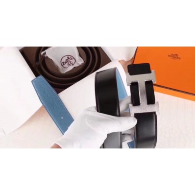 Hermes H Belt Buckle & Blue Clemence 32 MM Strap QY00170