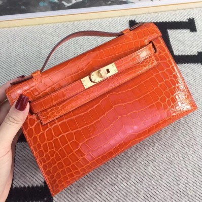 Hermes Orange Kelly Pochette Shiny Niloticus Crocodile Bag QY00070