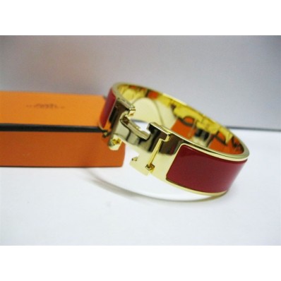 Hermes Red Enamel Clic H Bracelet Narrow Width (18mm) In Gold QY00516