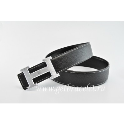 Hermes Reversible Belt Black/Black Classics H Togo Calfskin With 18k Silver With Logo Buckle QY01655