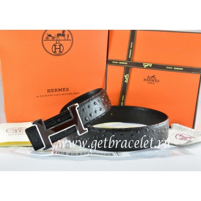 Hermes Reversible Belt Black/Black Ostrich Stripe Leather With 18K Black Silver Narrow H Buckle QY02015