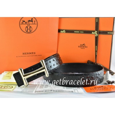Hermes Reversible Belt Black/Black Ostrich Stripe Leather With 18K Gold Idem Buckle QY01463