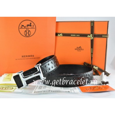 Hermes Reversible Belt Black/Black Ostrich Stripe Leather With 18K Silver Idem With Logo Buckle QY01699