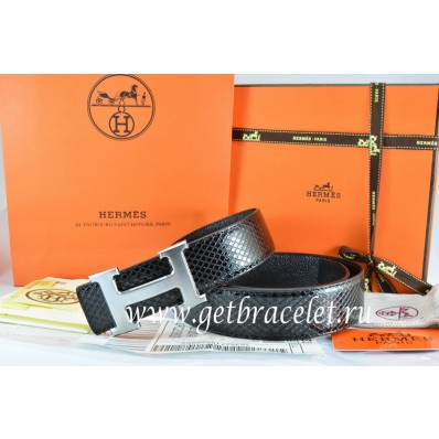 Hermes Reversible Belt Black/Black Snake Stripe Leather With 18K Drawbench Silver H Buckle QY01947