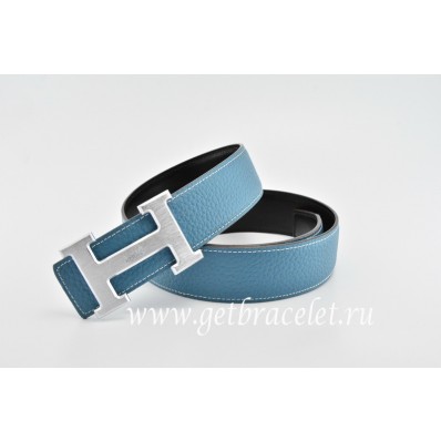 Hermes Reversible Belt Blue/Black Classics H Togo Calfskin With 18k Silver With Logo Buckle QY02213