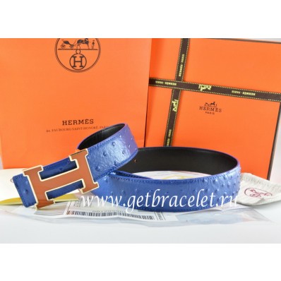 Hermes Reversible Belt Blue/Black Ostrich Stripe Leather With 18K Brown Gold Width H Buckle QY00823