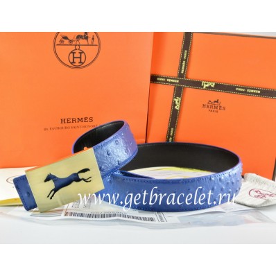Hermes Reversible Belt Blue/Black Ostrich Stripe Leather With 18K Gold Hollow Horse Buckle QY01457
