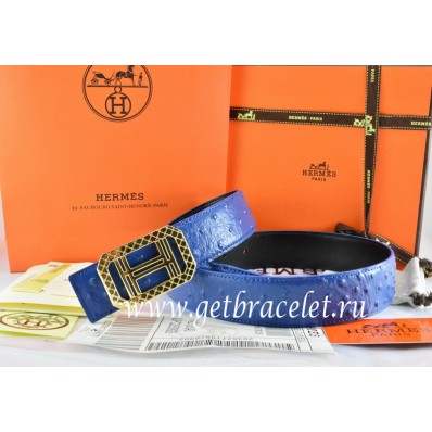 Hermes Reversible Belt Blue/Black Ostrich Stripe Leather With 18K Gold Lace Strip H Buckle QY02080