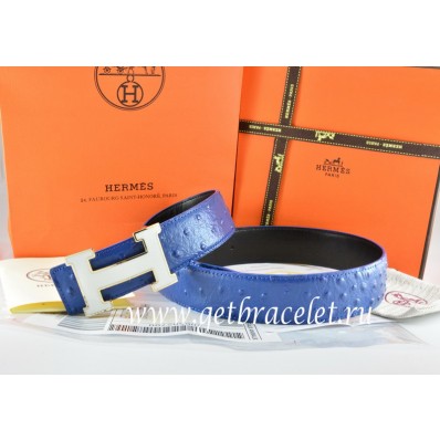 Hermes Reversible Belt Blue/Black Ostrich Stripe Leather With 18K White Silver H Buckle QY00542