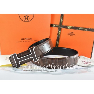 Hermes Reversible Belt Brown/Black Crocodile Stripe Leather With18K Black Silver H Buckle QY01103