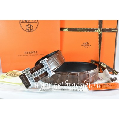 Hermes Reversible Belt Brown/Black Crocodile Stripe Leather With18K Silver Wave Stripe H Buckle QY00465