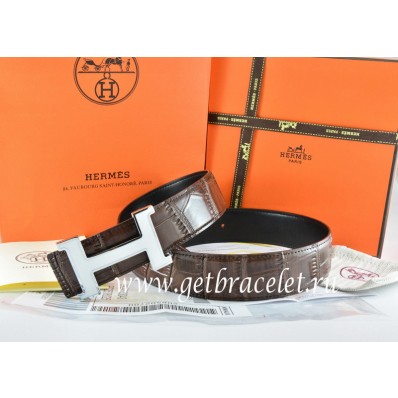 Hermes Reversible Belt Brown/Black Crocodile Stripe Leather With18K White Silver Narrow H Buckle QY02111
