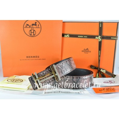 Hermes Reversible Belt Brown/Black Snake Stripe Leather With 18K Gold H au Carre Buckle QY00721