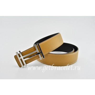 Hermes Reversible Belt Light Coffee/Black H au Carre Togo Calfskin With 18k Silver Buckle QY00855