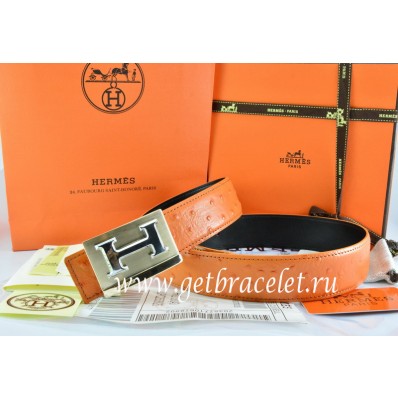 Hermes Reversible Belt Orange/Black Ostrich Stripe Leather With 18K Gold Big H Buckle QY02262