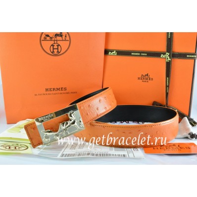 Hermes Reversible Belt Orange/Black Ostrich Stripe Leather With 18K Gold Coach Buckle QY01676