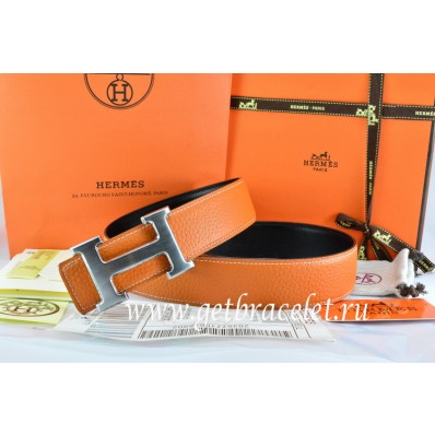 Hermes Reversible Belt Orange/Black Togo Calfskin With 18k Drawbench Silver H Buckle QY00485