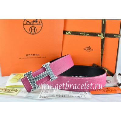 Hermes Reversible Belt Pink/Black Togo Calfskin With 18k Gold Wave Stripe H Buckle QY00681