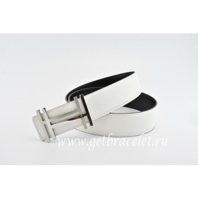 Hermes Reversible Belt White/Black H au Carre Togo Calfskin With 18k Silver Buckle QY01750