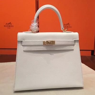 Hermes White Epsom Kelly 25cm Sellier Handmade Bag QY01619