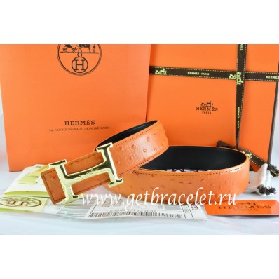 High Quality Replica Hermes Reversible Belt Orange/Black Ostrich Stripe Leather With 18K Gold Idem With Logo Buckle QY01352