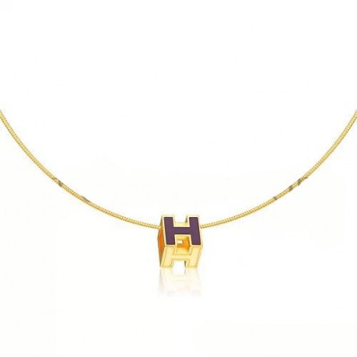 Imitation Hermes Cage d’H Necklace Purple in Lacquer Yellow Gold QY01540