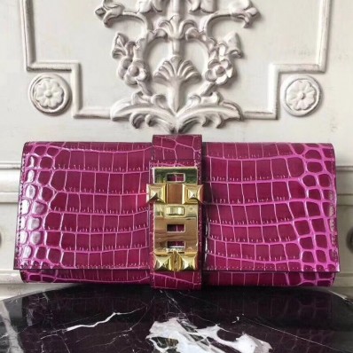 Imitation Hermes Medor Clutch Bag In Fuchsia Crocodile Leather QY00704