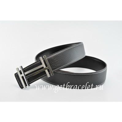 Imitation Hermes Reversible Belt Black/Black H au Carre Togo Calfskin With 18k Silver Buckle QY00944