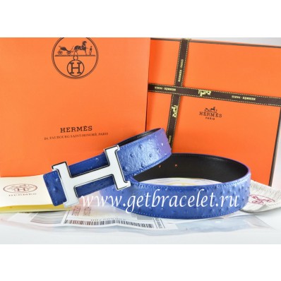 Imitation High Quality Hermes Reversible Belt Blue/Black Ostrich Stripe Leather With 18K White Silver Narrow H Buckle QY02132