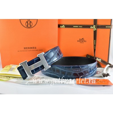 Knockoff Best Quality Hermes Reversible Belt Blue/Black Crocodile Stripe Leather With18K Silver Wave Stripe H Buckle QY00275