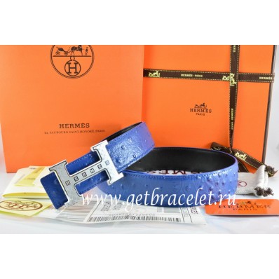 Knockoff Hermes Reversible Belt Blue/Black Ostrich Stripe Leather With 18K Silver Weave Stripe H Buckle QY00046