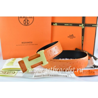 Knockoff Hermes Reversible Belt Orange/Black Ostrich Stripe Leather With 18K Gold H Buckle QY00149