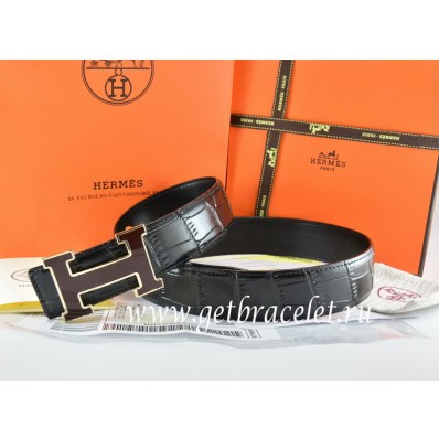 New Hermes Reversible Belt Black/Black Crocodile Stripe Leather With18K Black Gold Width H Buckle QY02248