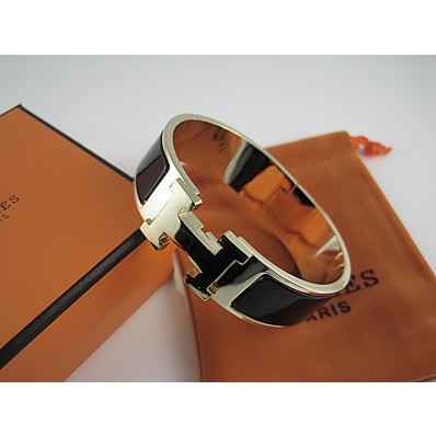 Replica Best Hermes Black Enamel Clic H Bracelet Narrow Width (18mm) In Gold QY00753