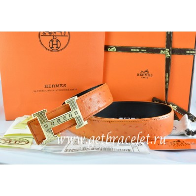 Replica Hermes Reversible Belt Orange/Black Ostrich Stripe Leather With 18K Gold Stripe Logo H Buckle QY01567