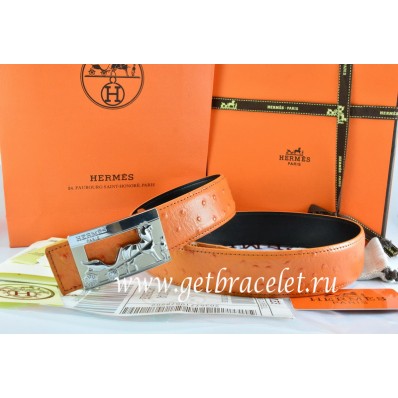 Replica Hermes Reversible Belt Orange/Black Ostrich Stripe Leather With 18K Silver Coach Buckle QY01858