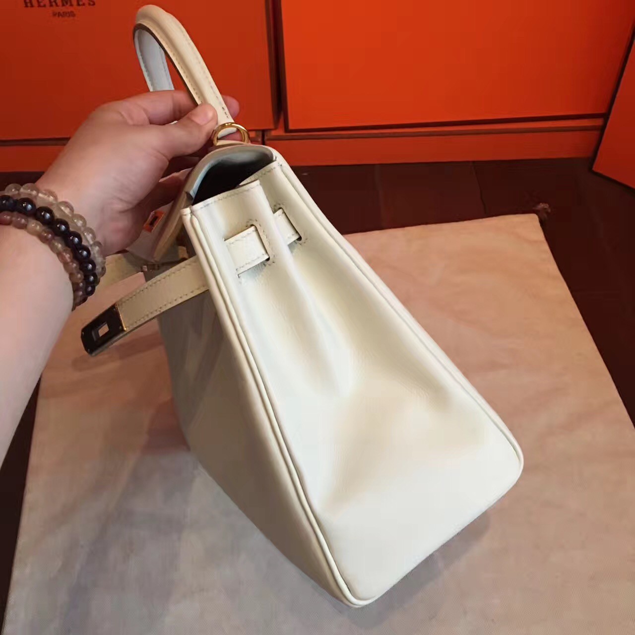 Replica Hermes Kelly Retourne 25 Handmade Bag In Craie Swift Calfskin