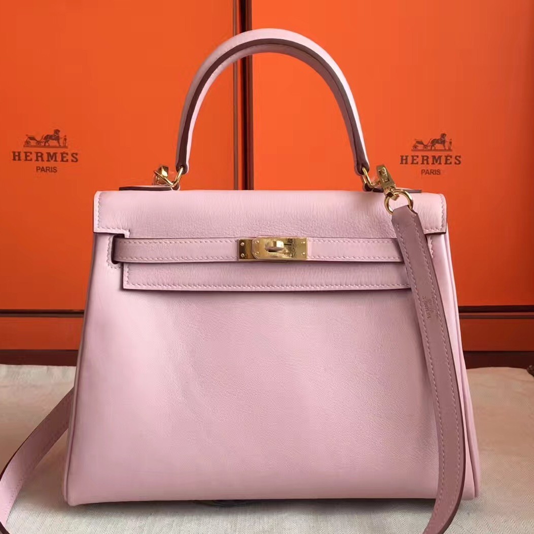 Designer Replica Hermes Rose Dragee Swift Kelly Retourne 28cm Handmade Bag  QY02193